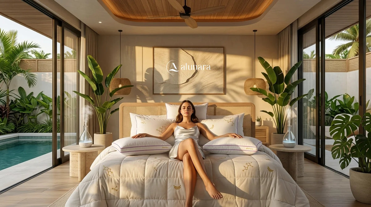 A woman reclines on a large bed in a luxurious modern bedroom with warm sunlight, plants, and a pool view. The bed is dressed in white and beige linens with subtle gold embroidery, and the wall art above reads 'aluttara'.