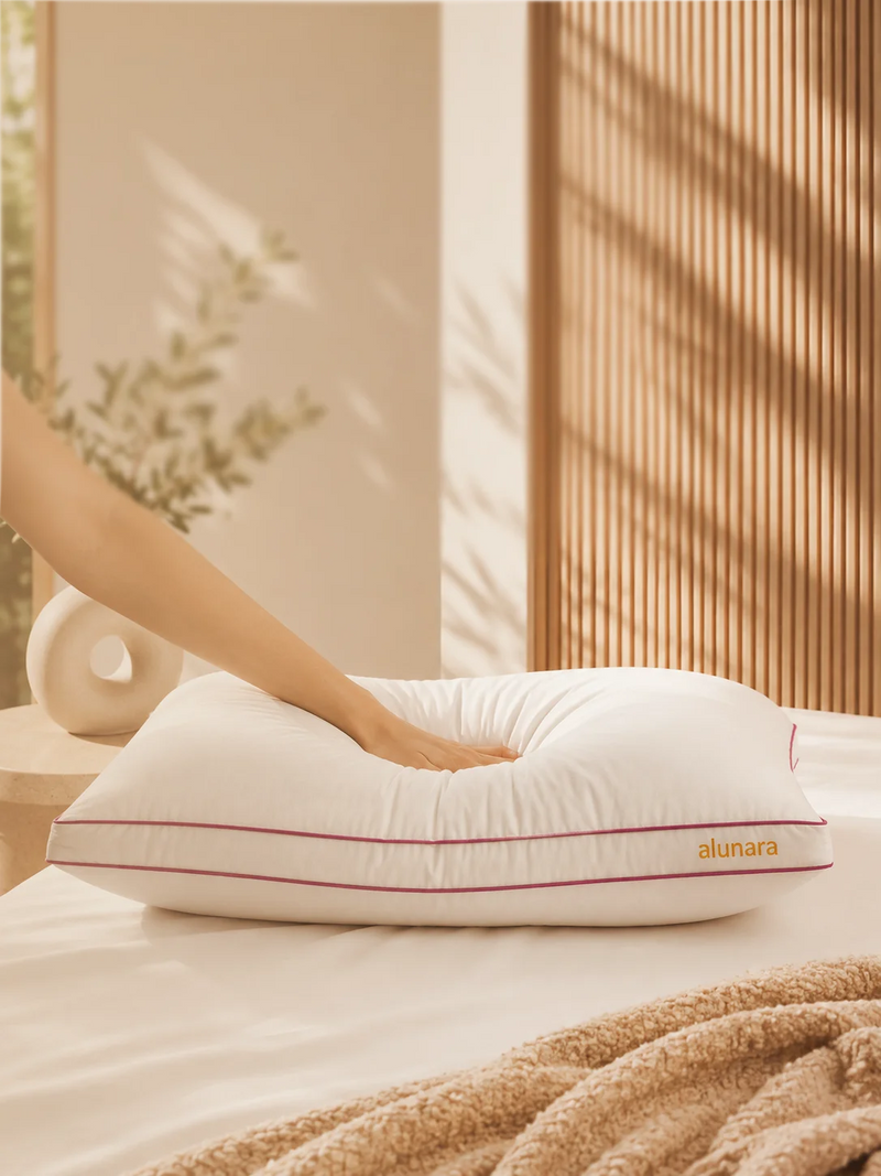 A white Lunara ergonomic pillow with a pink piping accent and gold logo, shown on a bed with a person's arm resting on it. The background features a warm, sunlit room with wooden slats and soft shadows.